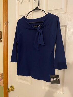 Erika Navy Tie-Neck 3/4 Sleeve Blouse